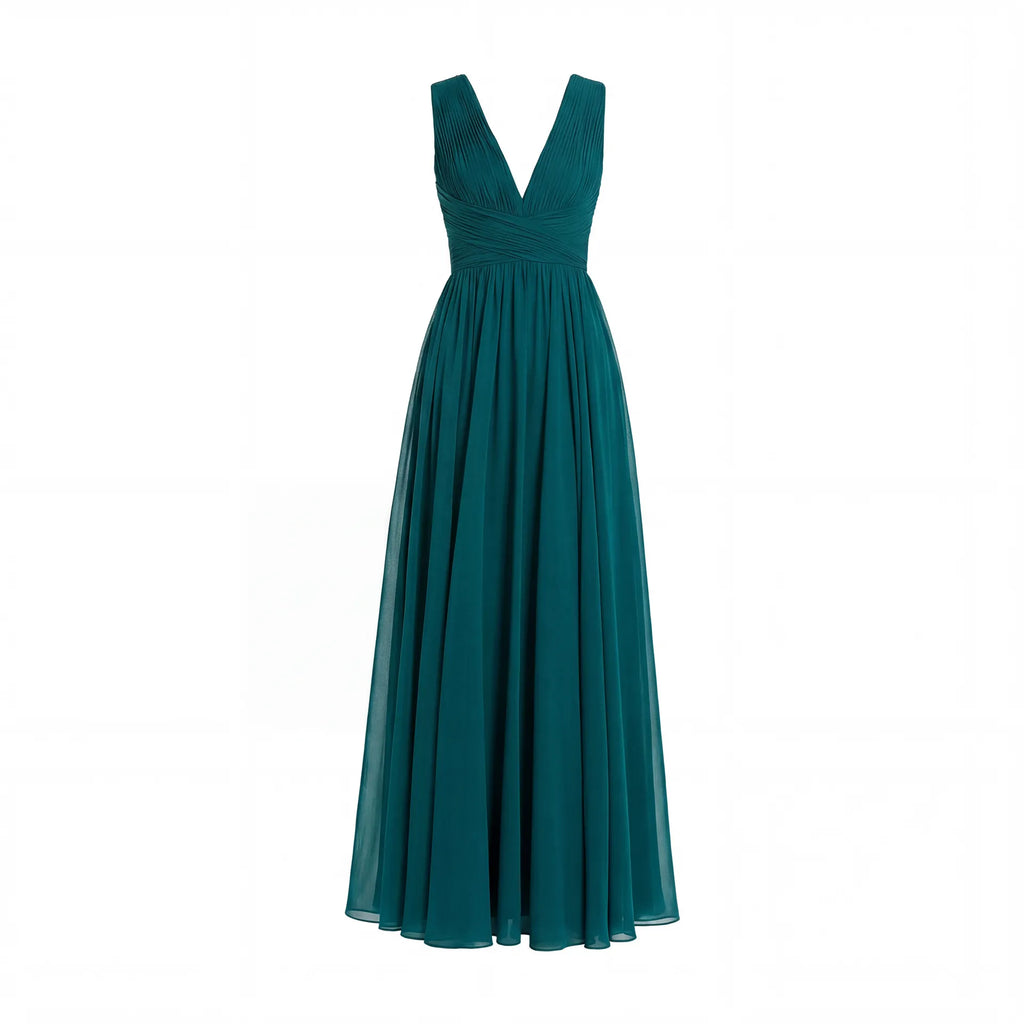 Teal Sleeveless Ruched V Neck Chiffon Gown