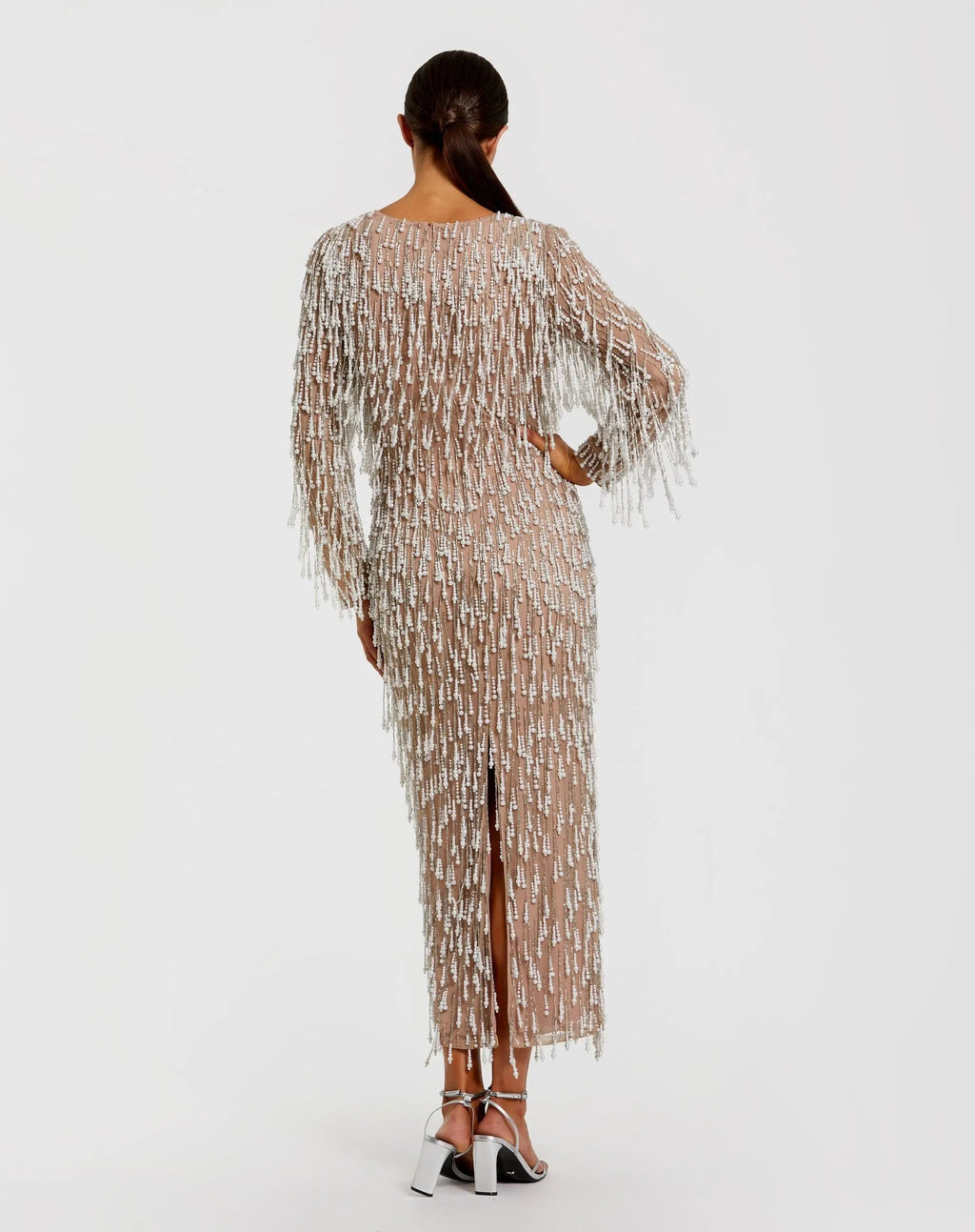 Beige Long Sleeve Midi Dress With Embellished Fringe