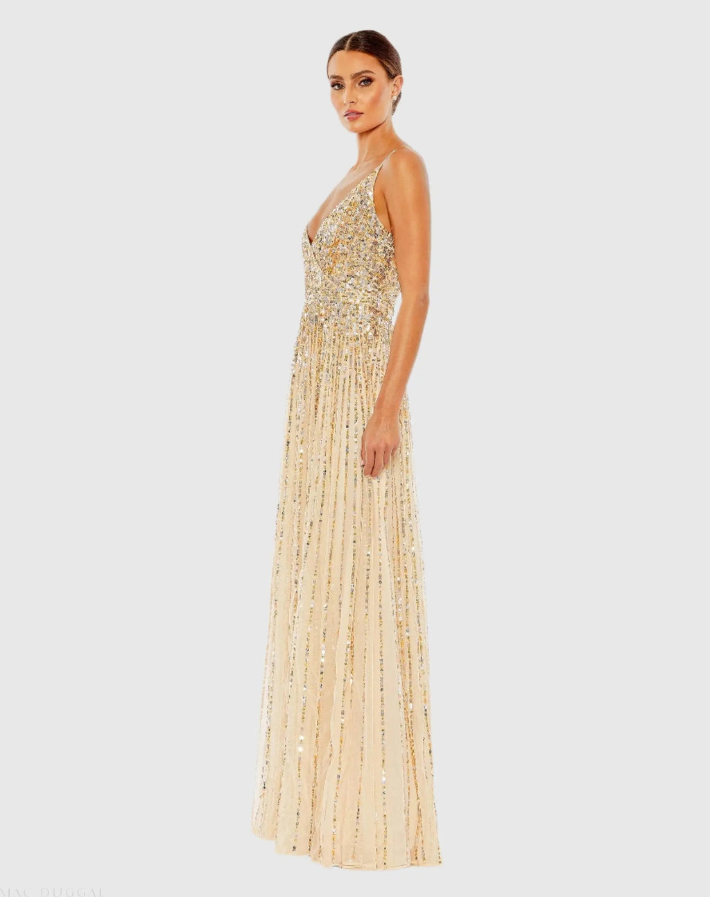 Beige Sequined Sleeveless Wrap Over A Line Gown