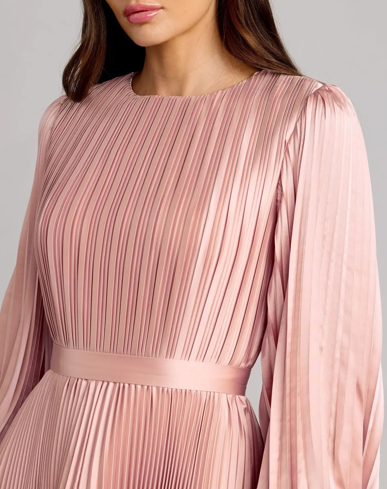 Pink Long Sleeve Pleated Charmeuse Handkerchief Dress