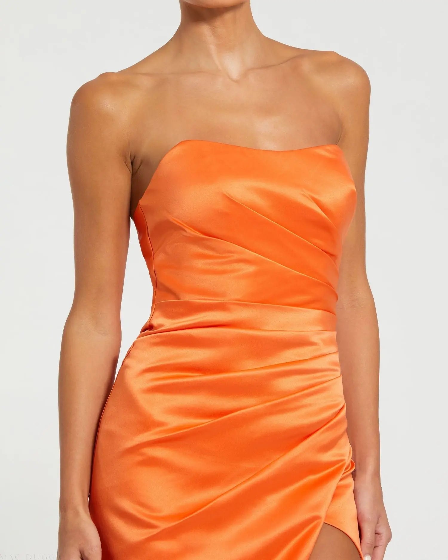 Orange  Strapless Satin Gown With Slit