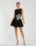 Black Sleeveless Crepe Mini Dress With Rhinestone Flower