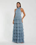 Blue Metallic Halter Neck Ruffle Gown With 3D Flower