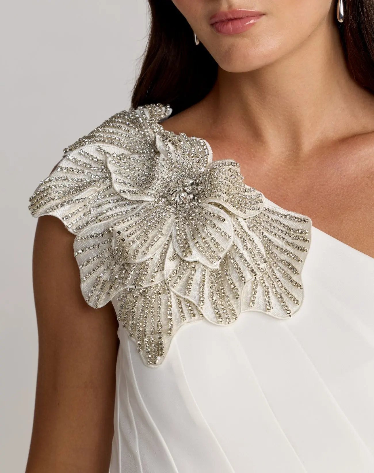 White Crepe One Shoulder Midi Dress with Flower