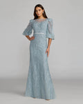 Blue Embroidered Boat Neck Puff Sleeve Gown