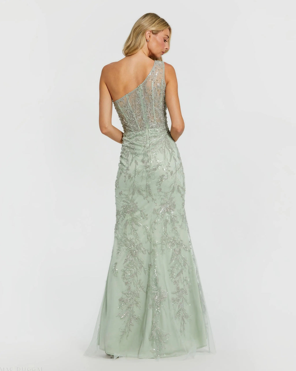 Green One Shoulder Hand Embellished Evening Gown