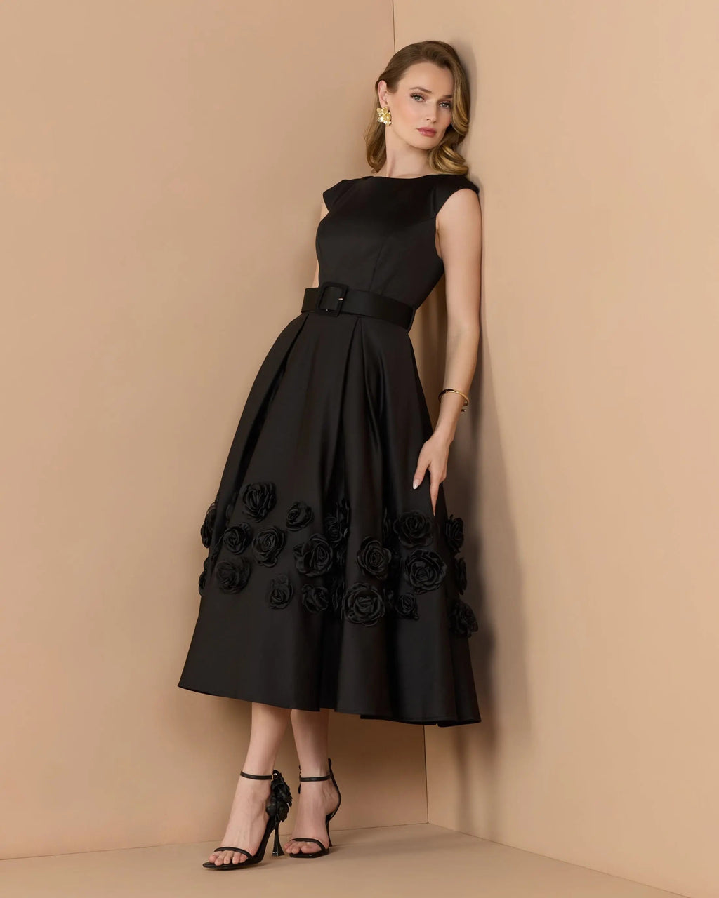 Black Satin Cap Sleeve Midi Dress With 3D Flowers