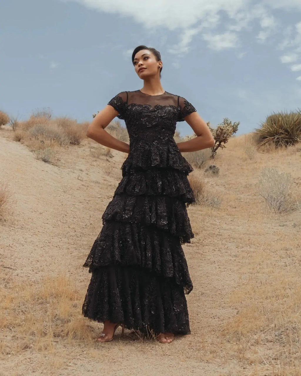 Black Embellished High Neck Gown With Tiered Ruffle Skirt