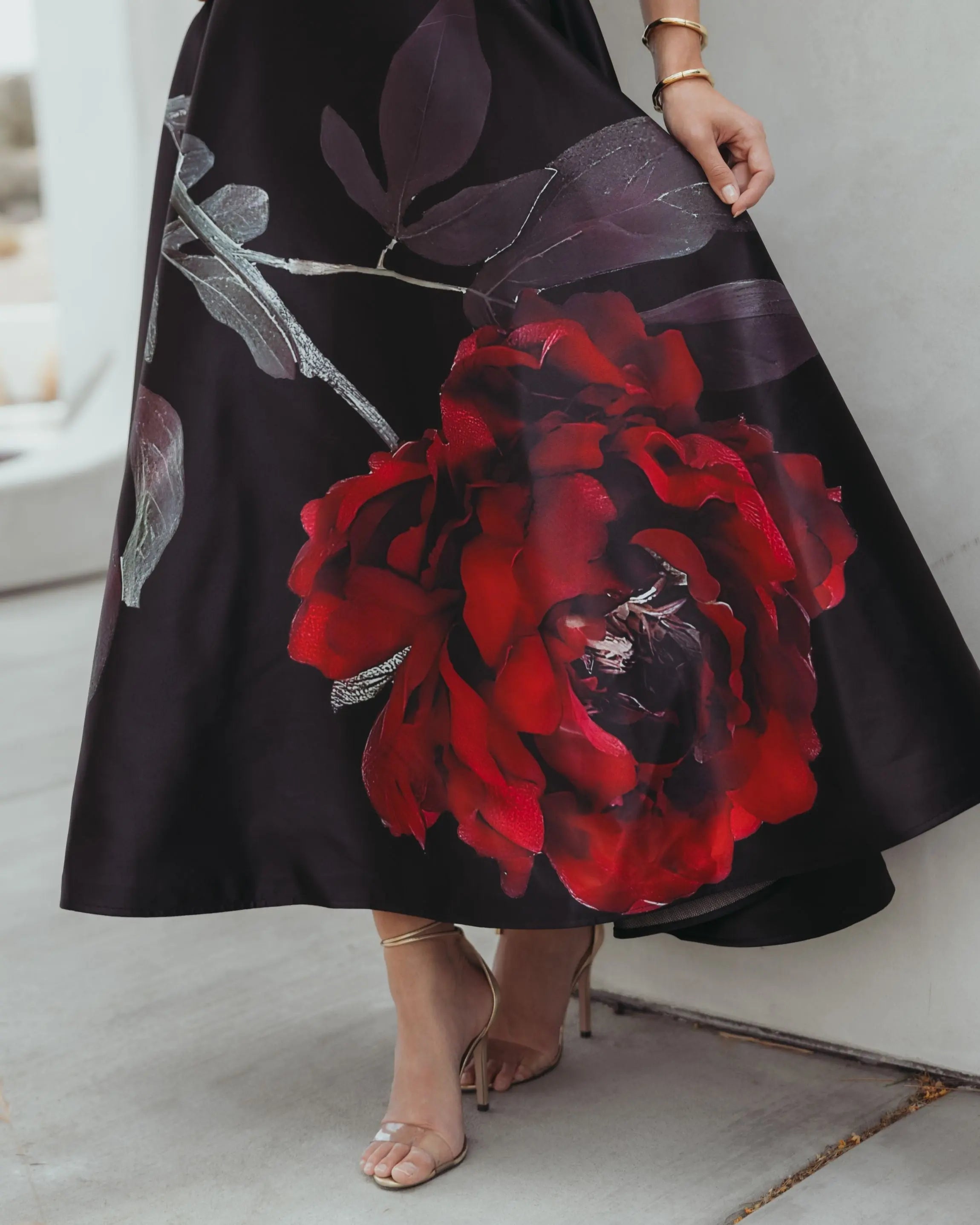 Black Satin Printed Strapless Midi Dress With Pockets