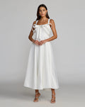 White Satin Sleeveless A Line Midi Dress With Bow