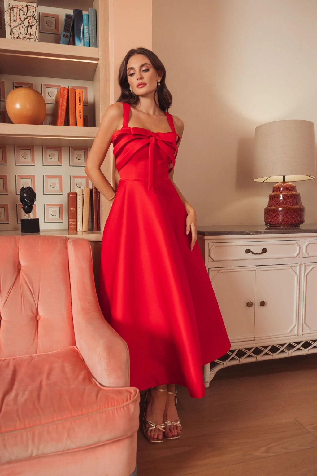Red Satin Sleeveless A Line Midi Dress With Bow
