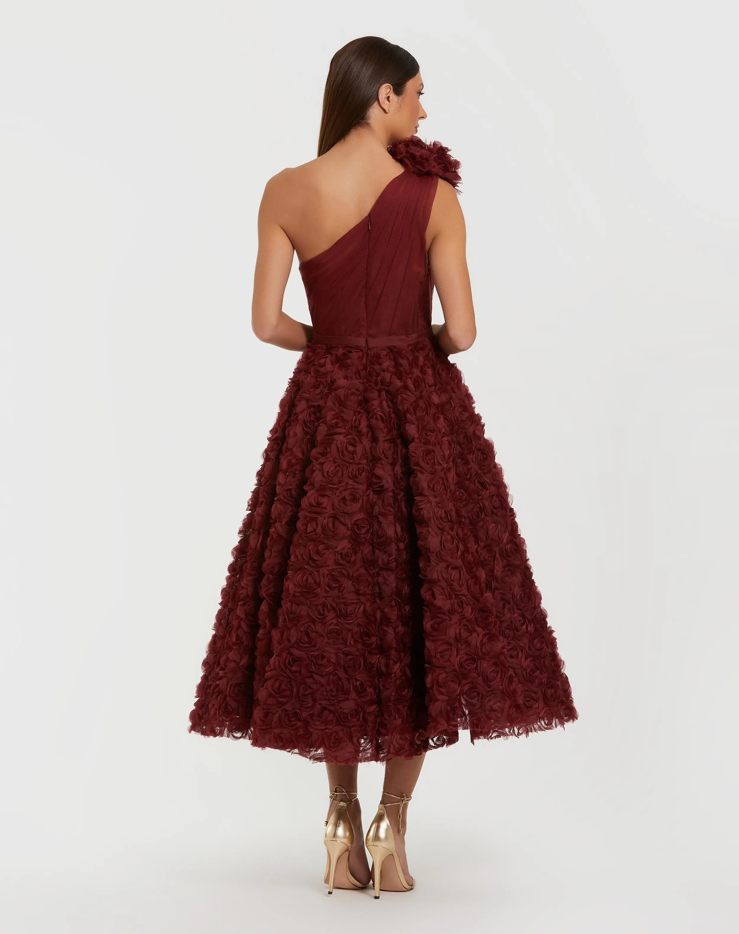 Red One Shoulder 3D Floral Rosette Midi Dress