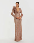 Light Pink Long Sleeve V Neck Sequin Gown With 3D Flower