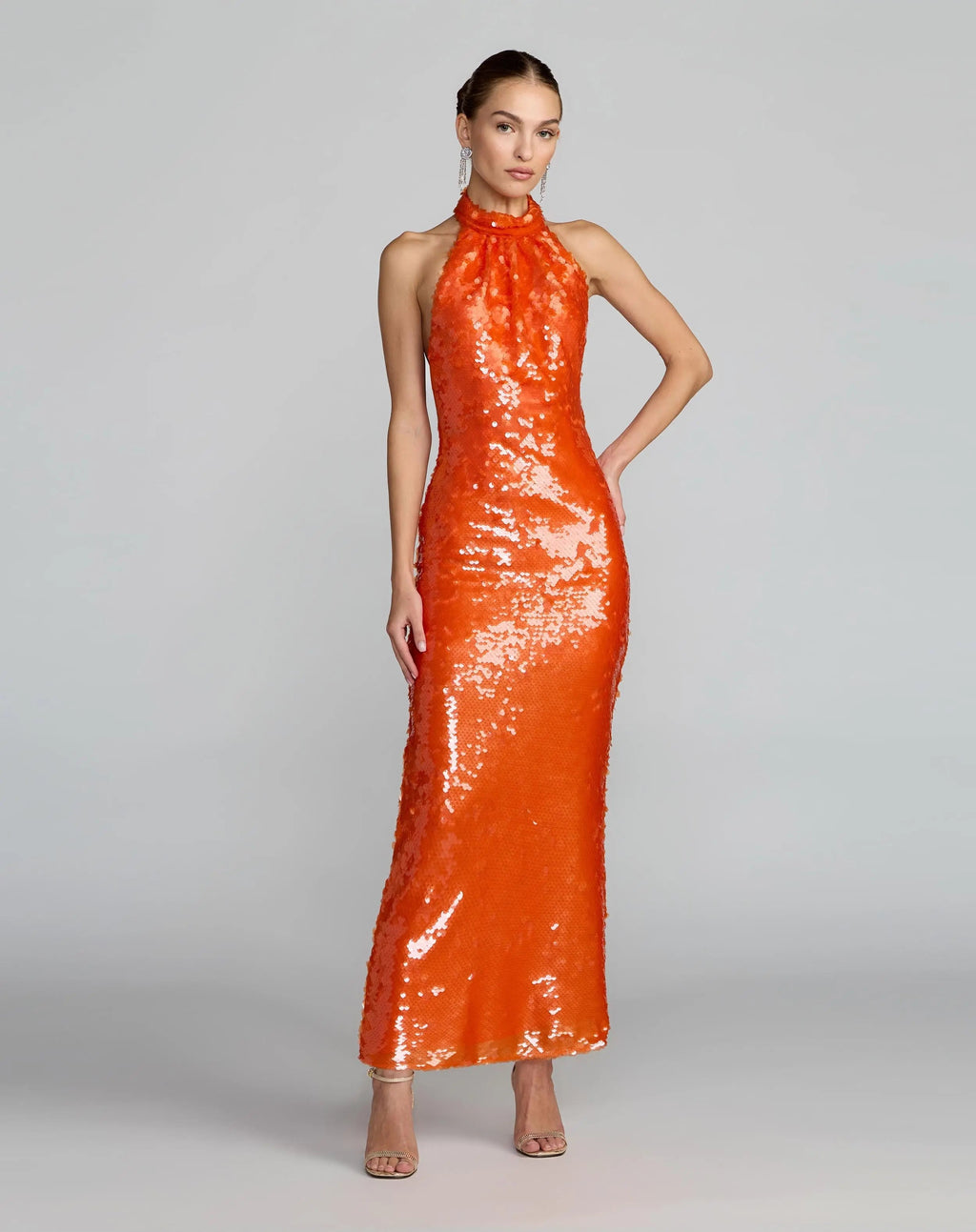 Orange Sequin Halter Neck Open Back Dress