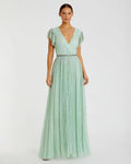 Green Sequined Wrap Over Ruffled Cap Sleeve Gown