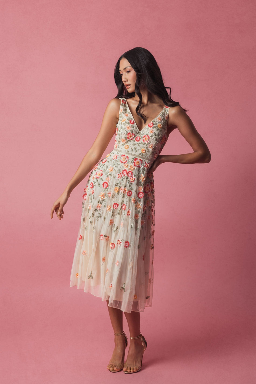 White V-Neck Sleeveless Midi Floral Beaded A-line Dress