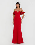 Red Crepe Off The Shoulder Gown With 3D Flowers