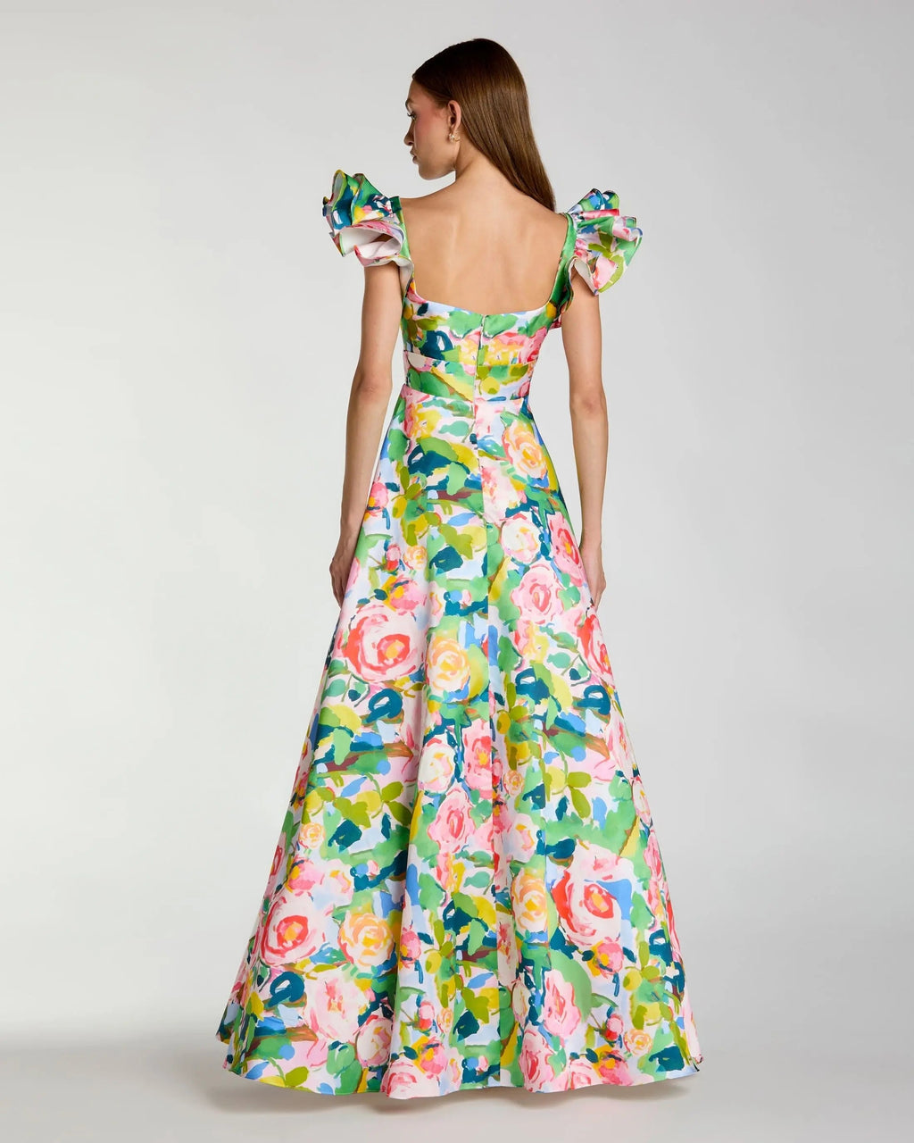 Multicolor Floral Ruffle Cap Sleeve Ball Gown