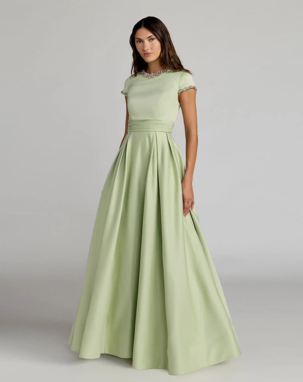 Green Embellished Satin Cap Sleeve Ball Gown