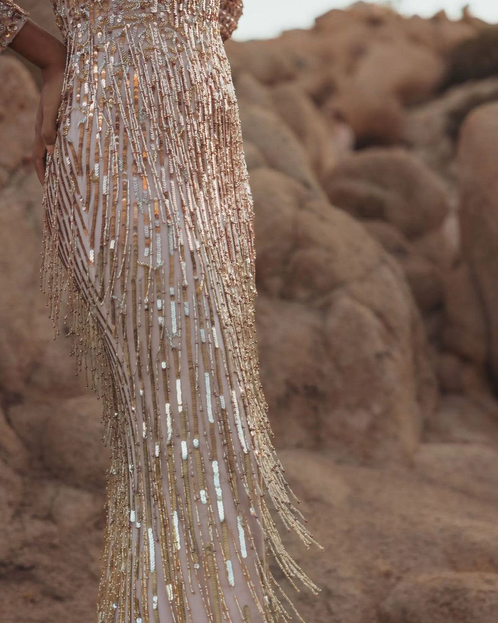 Pink Long Sleeve Fringe Embellished Column Gown