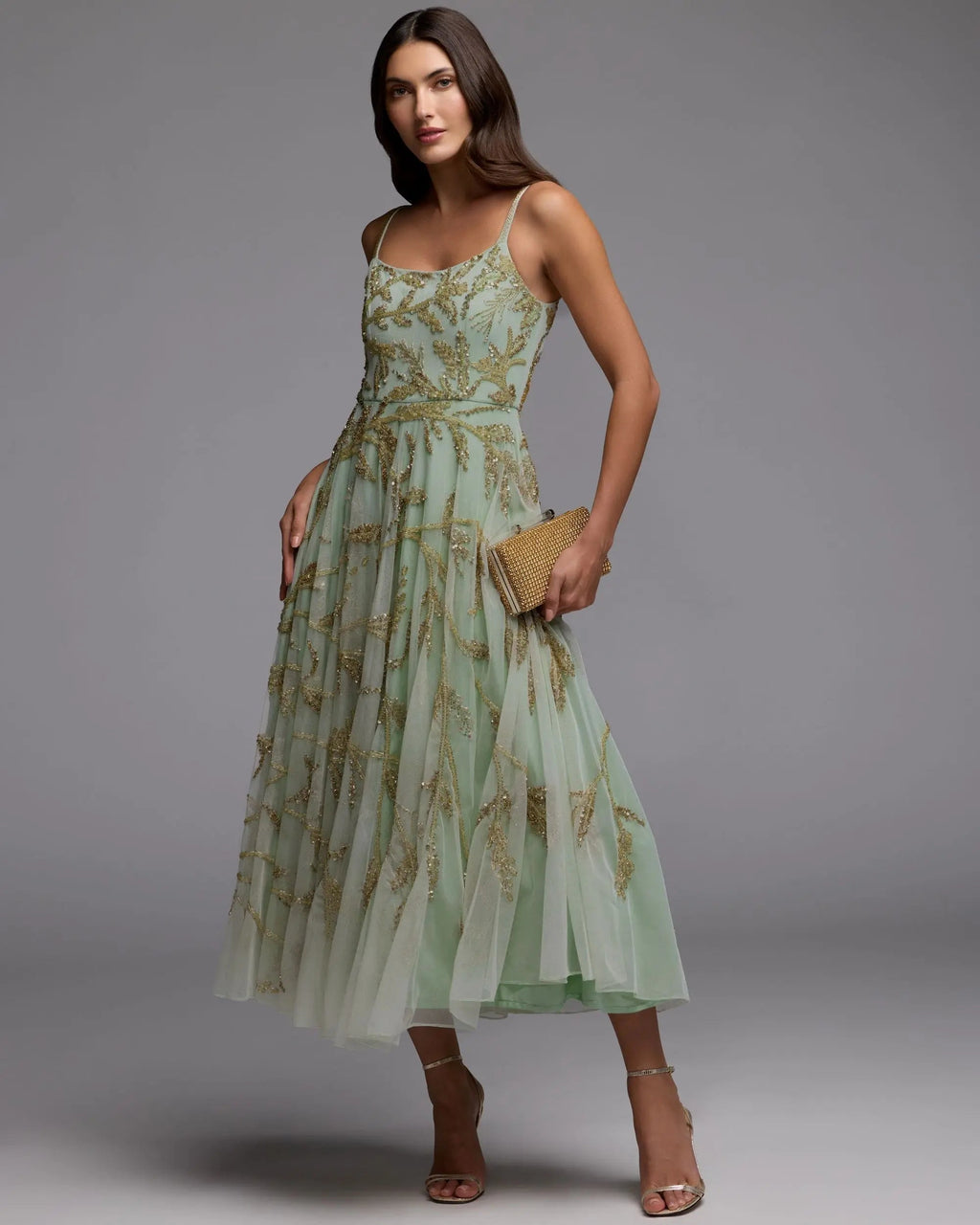 Green and Gold Floral Hand Beaded Midi Dress