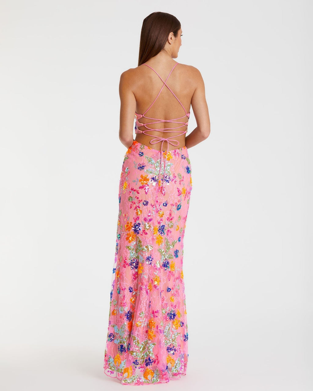 Pink Embellished Lace Strappy Column Gown