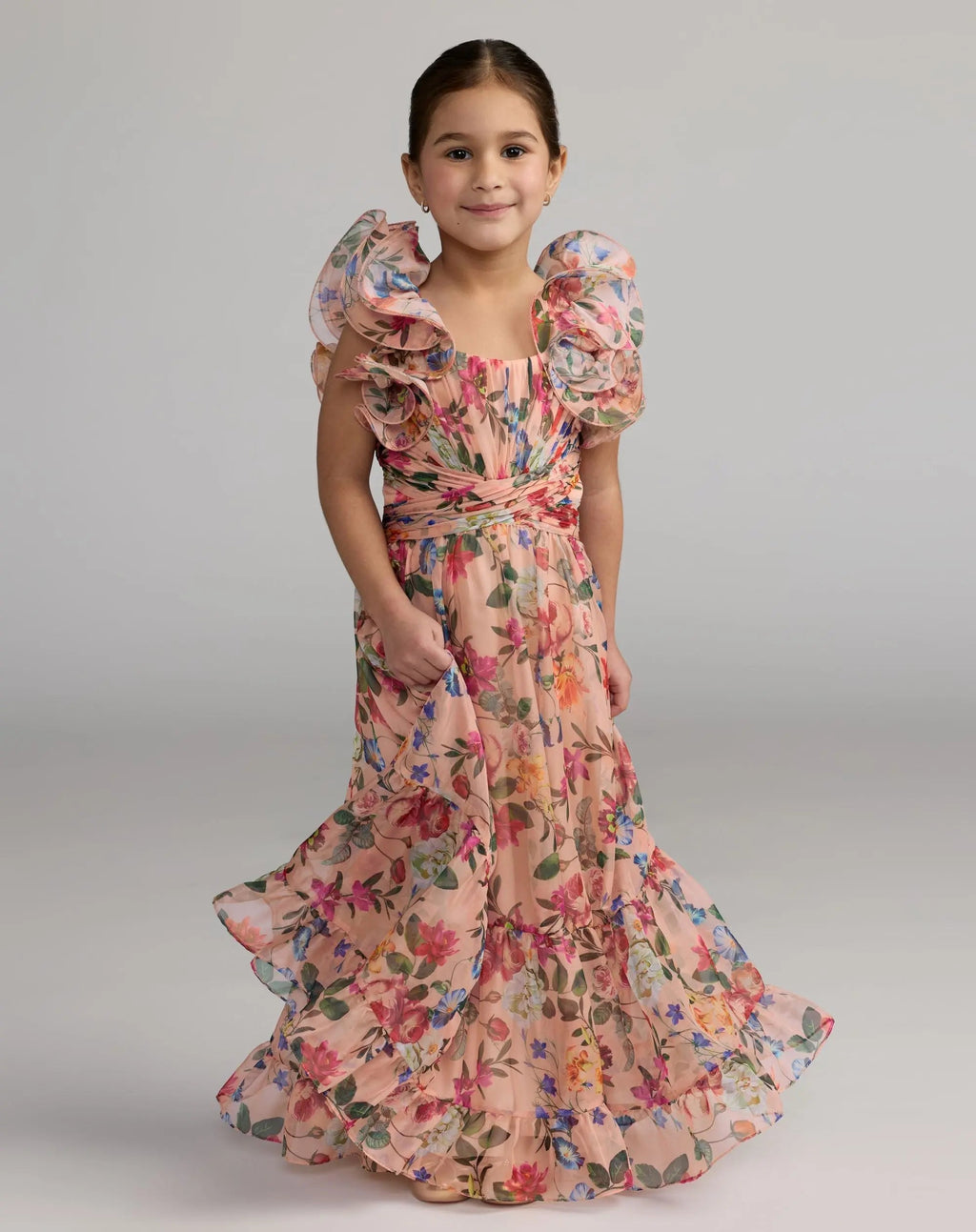 Girls Pink Floral Chiffon Ruffle Shoulder Dress
