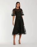 Floral Embroidered Mesh Midi Dress with Flutter Sleeves