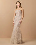 Beige Strapless Embellished Mermaid Gown With Feather Hem