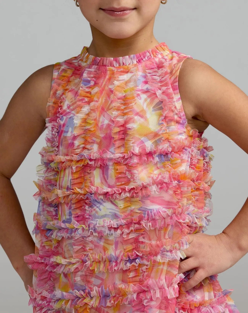 Girls Multicolor Floral High Neck Sleeveless Ruffled Dress