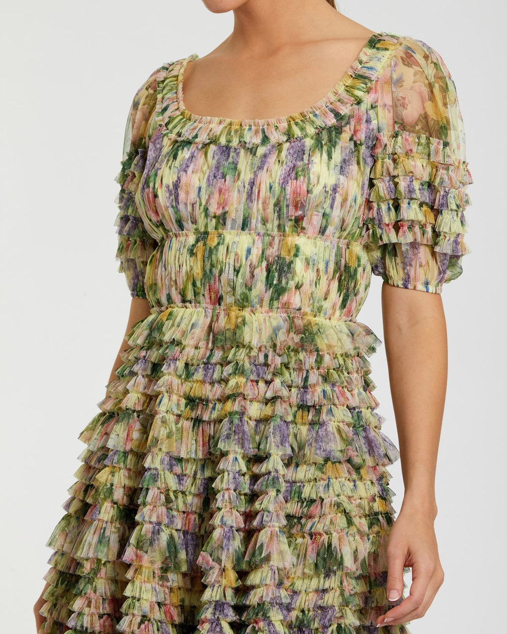Multicolor Floral Puff Sleeve Ruffle Mini Dress