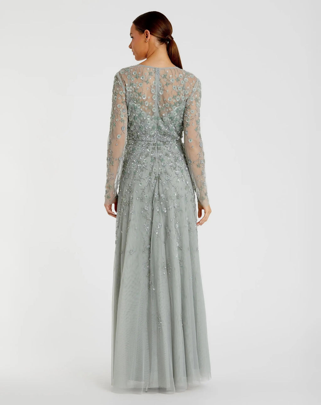 Green Embellished Wrap Over Illusion Long Sleeve A Line Gown - FINAL SALE
