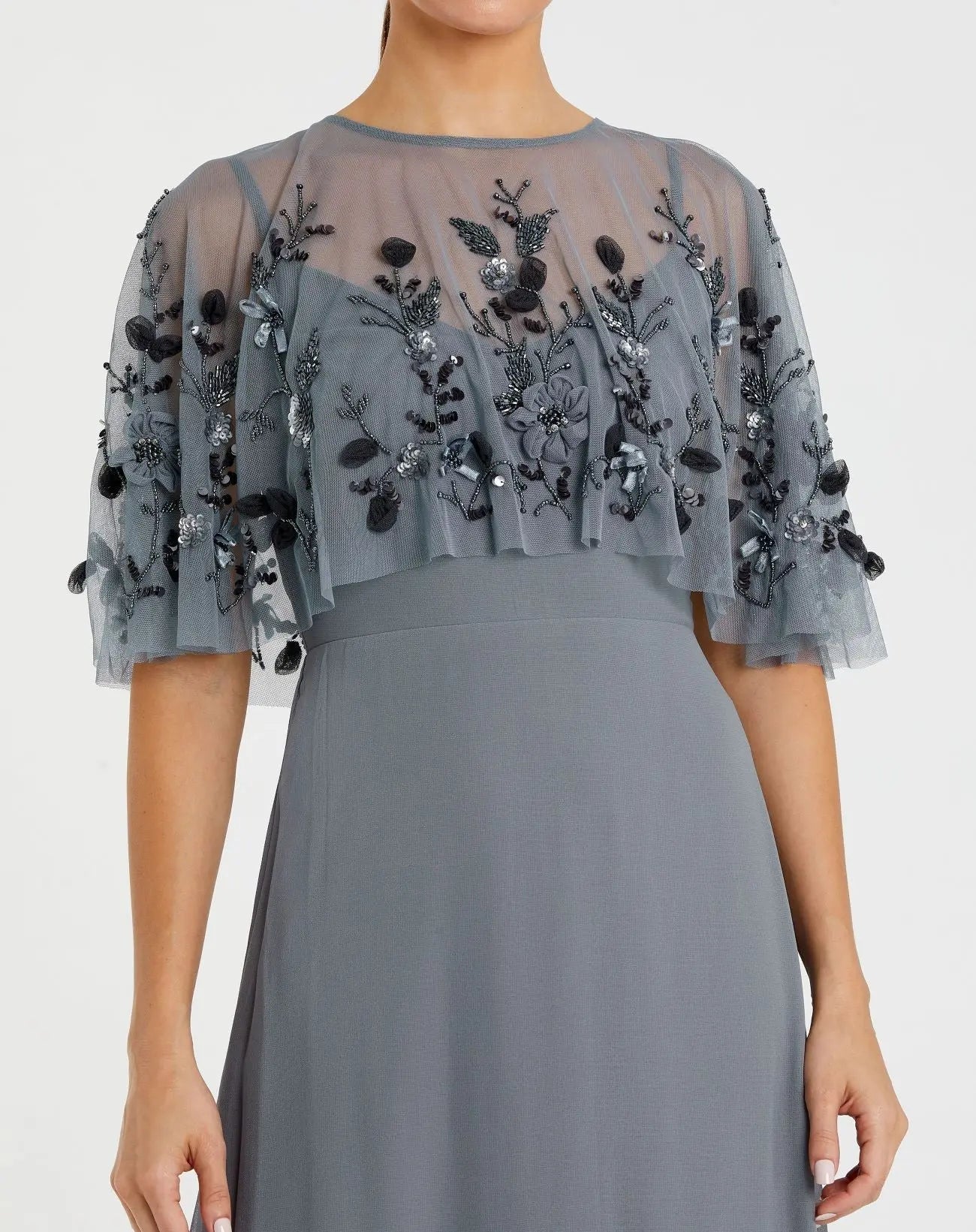Gray Sleeveless Gown With Embellished Cape - FINAL SALE