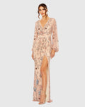 Pink Long Sleeve Floral Beaded Surplice Wrap Gown - FINAL SALE