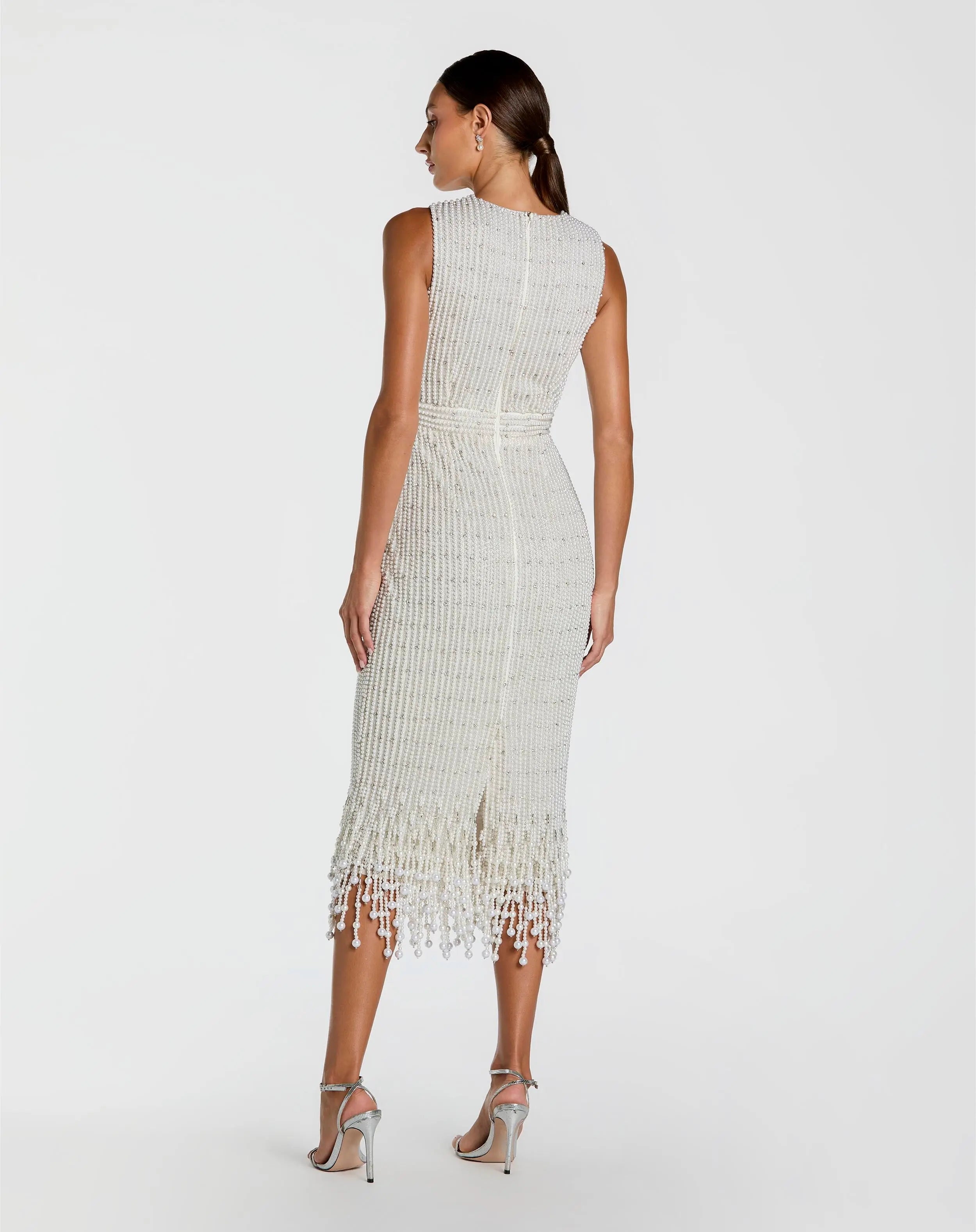 White Pearl Embellished Sleeveless Midi Dress