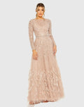 Petite Pink Disc Embellished Sequin Gown with Feather Detail