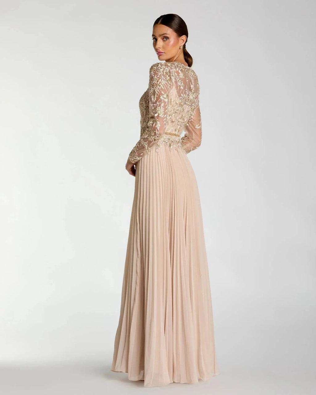 Petite Beige Long Sleeve Chiffon Embellished Gown