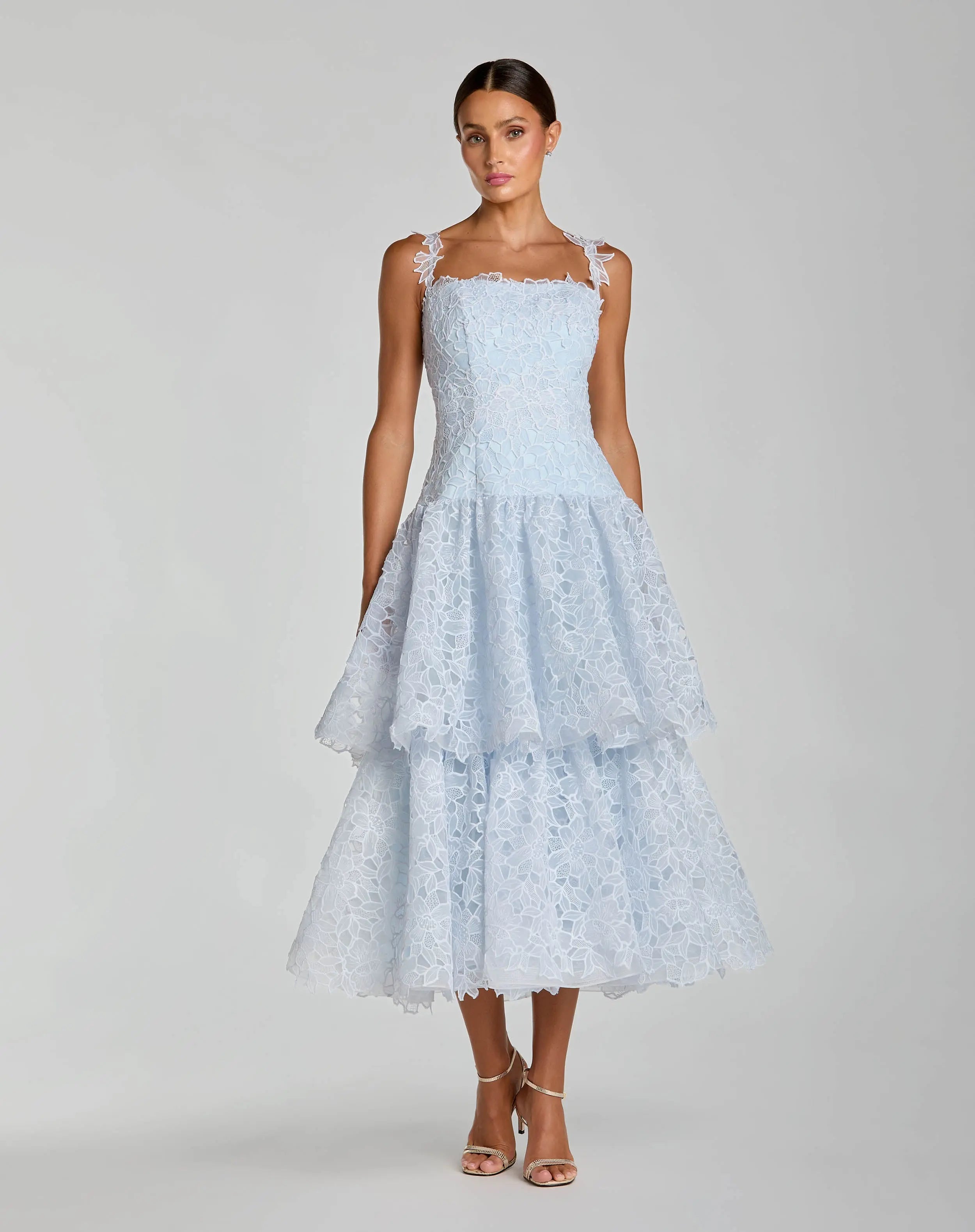 Petite Blue Sleeveless Embroidered Lace Tiered Midi Dress