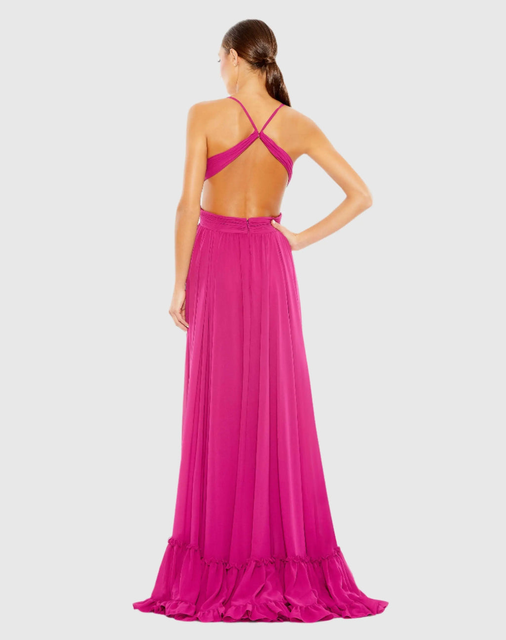 Pink Pleated High Low A-Line Gown With Ruffles